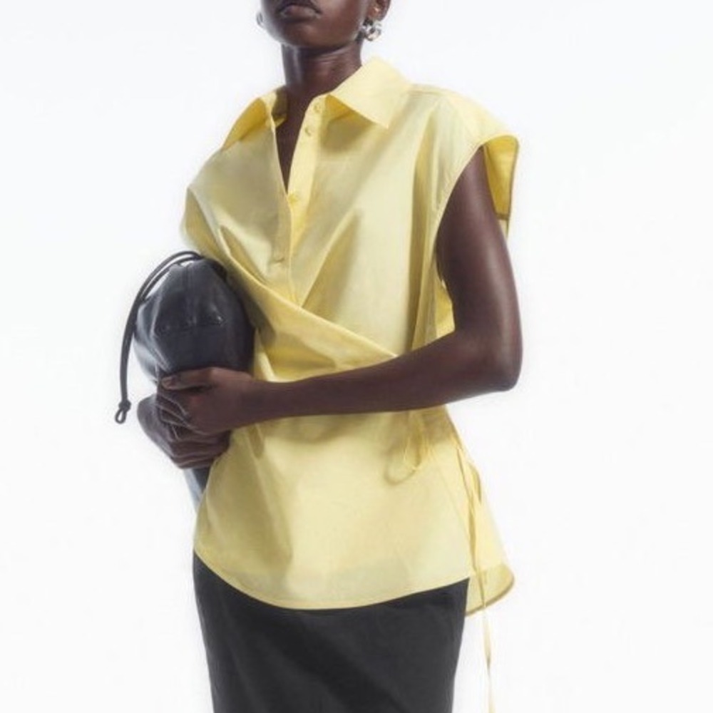 COS Oversized Sleeveless Wrap Shirt Yellow Cotton Asymmetrical Blouse US 6